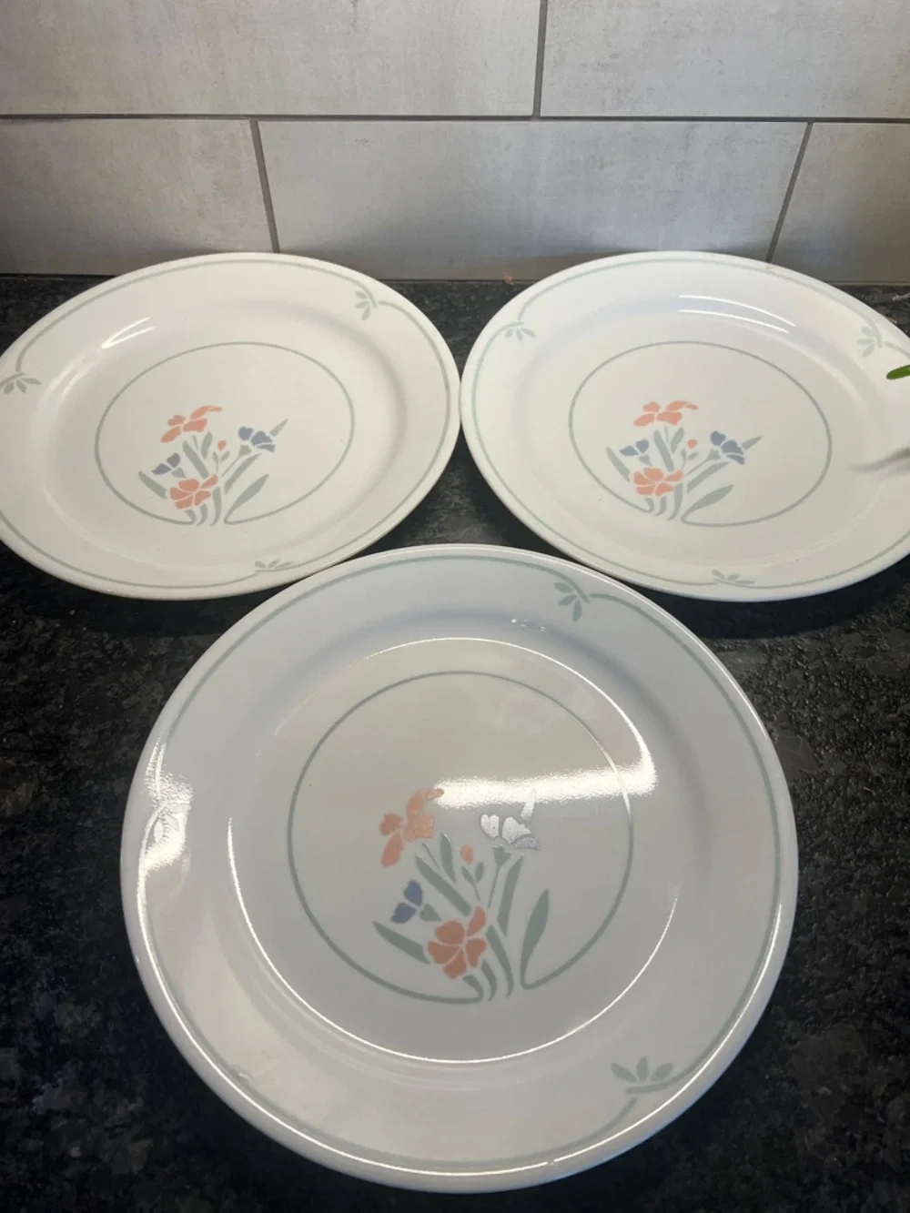 DISCONTINUED Corelle Dinner Plate with Pastel Floral Motif. STENCIL GARDEN.